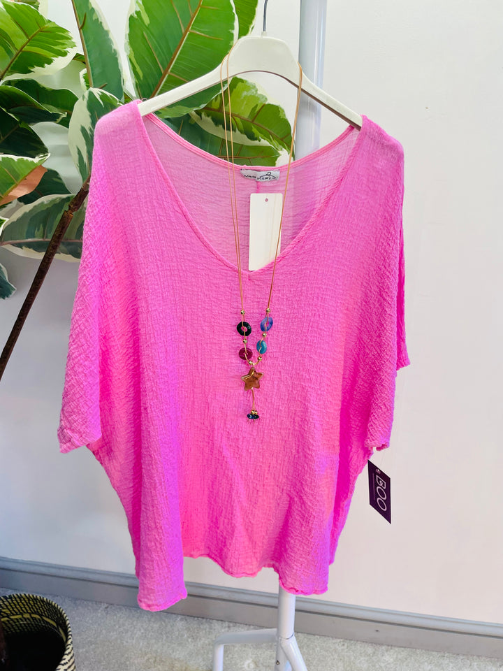 LADIES WOMENS CANDY PINK CHEESECLOTH CASUAL CRINKLE LOOK TOP BLOUSE & necklace set