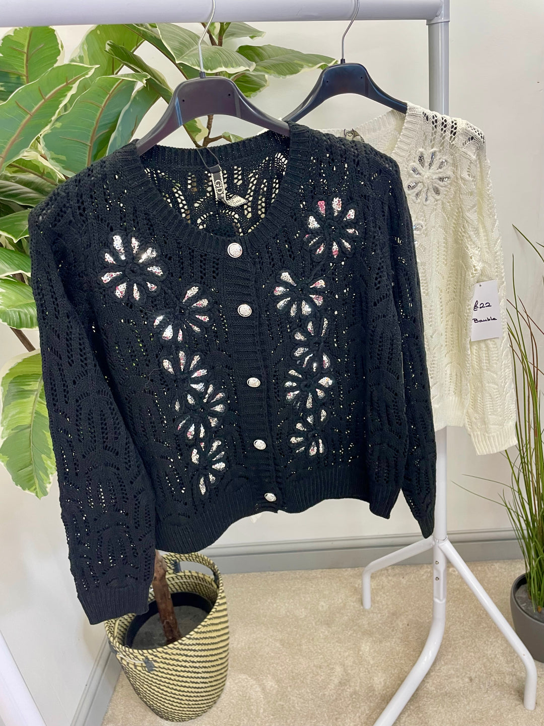 LADIES CROCHET SEQUIN CARDIGAN JUMPER - BLACK & WHITE