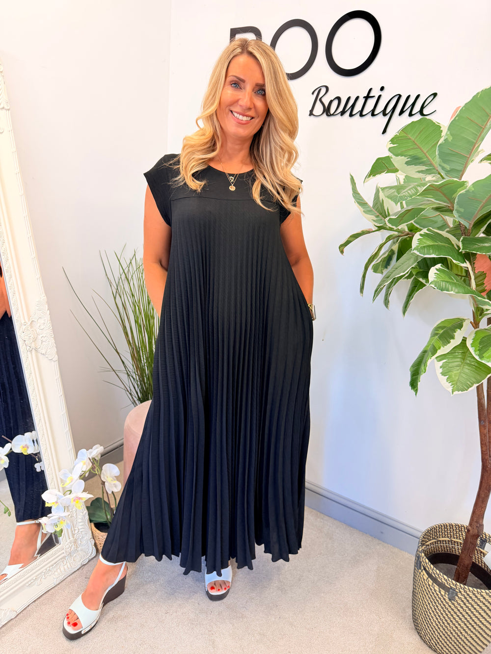 Ladies Fashion Pleated Maxi Dress - Black, Navy, Red, Lemon, Pink, Raspberry