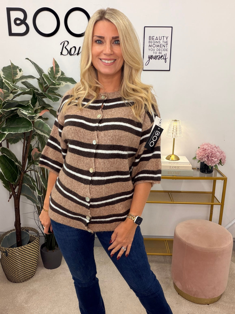 Ladies Fashion Stripe Short Sleeve Cardigan Jumper - Khaki, Camel & Black