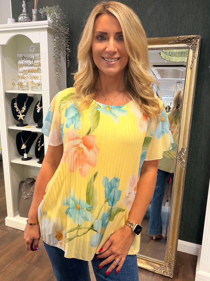 Ladies Pleated Floral Print Chiffon Top - Black, Cream, Blue, Lemon, Pink, Navy, Brown