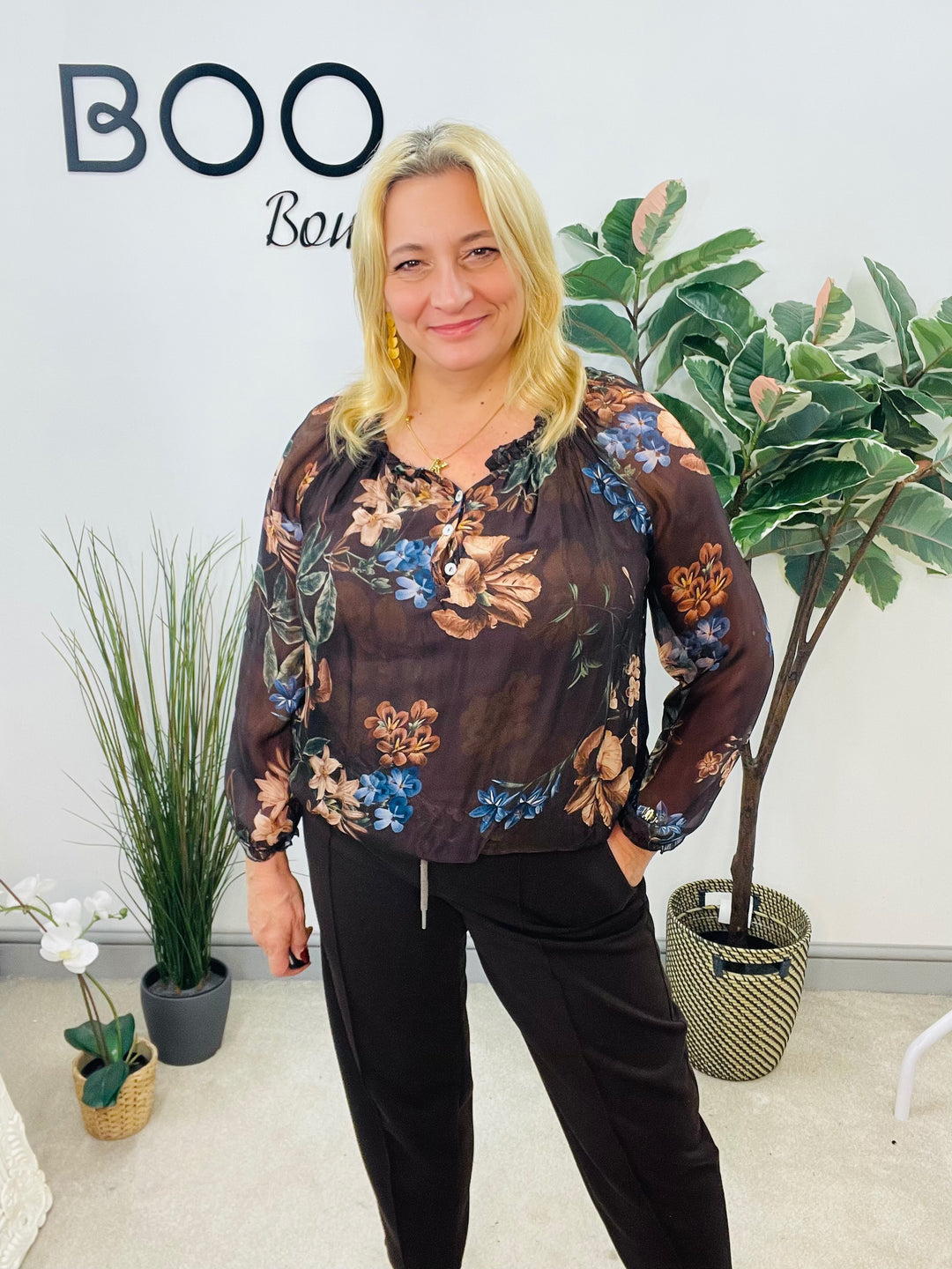 LADIES CHIFFON FLORAL PRINT BLOUSE - BROWN, NAVY, BLACK & WINE BURGUNDY