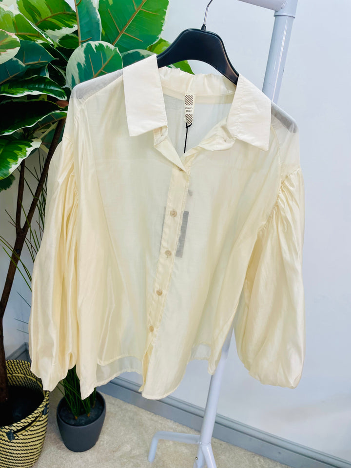 LADIES SHEER PUFF SLEEVE BLOUSE - OLIVE, BLACK, CREAM, TAUPE, WINE, BROWN