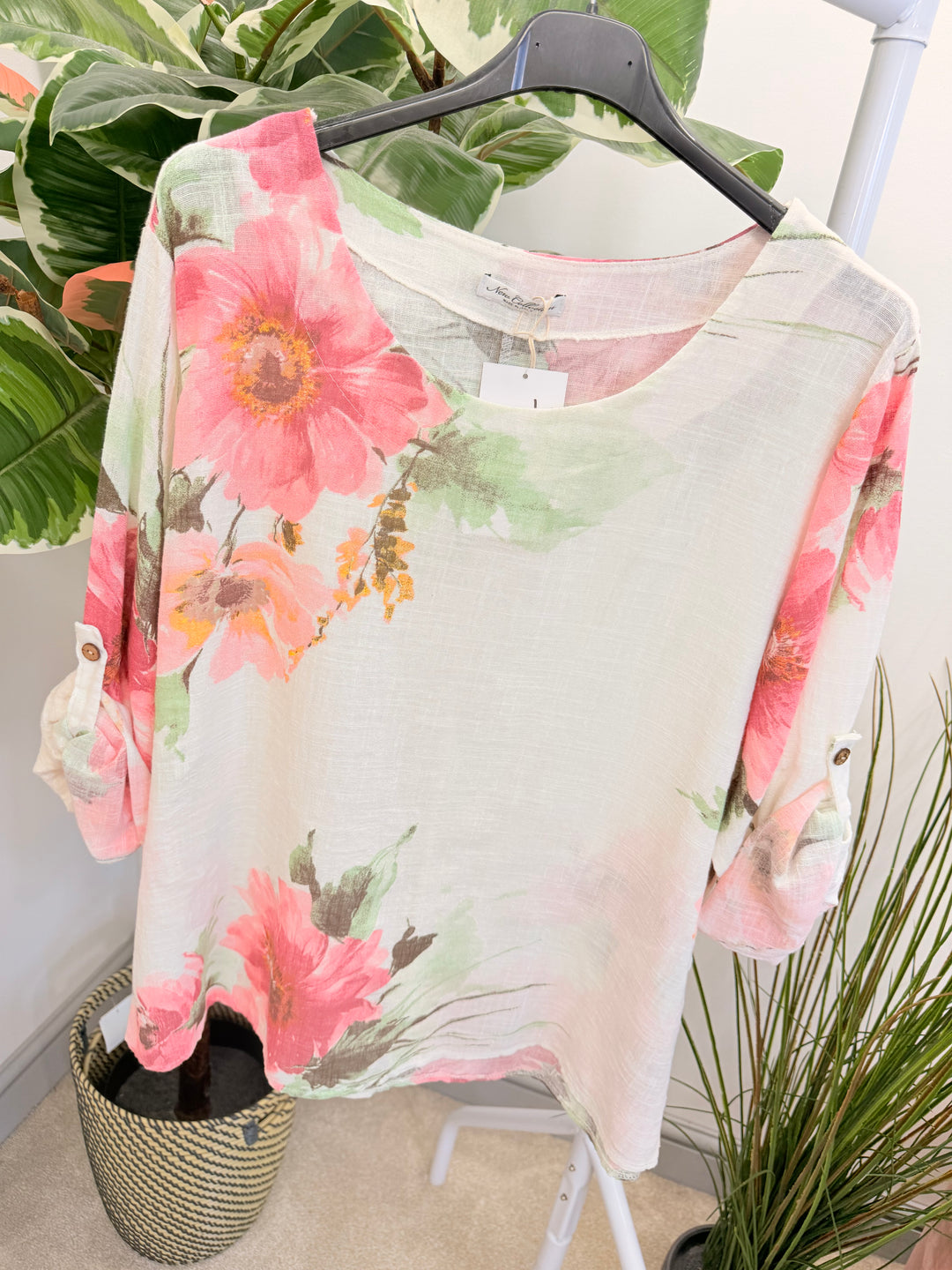Ladies Fashion Flower Print Light Linen Top - White, Pink & Lemon