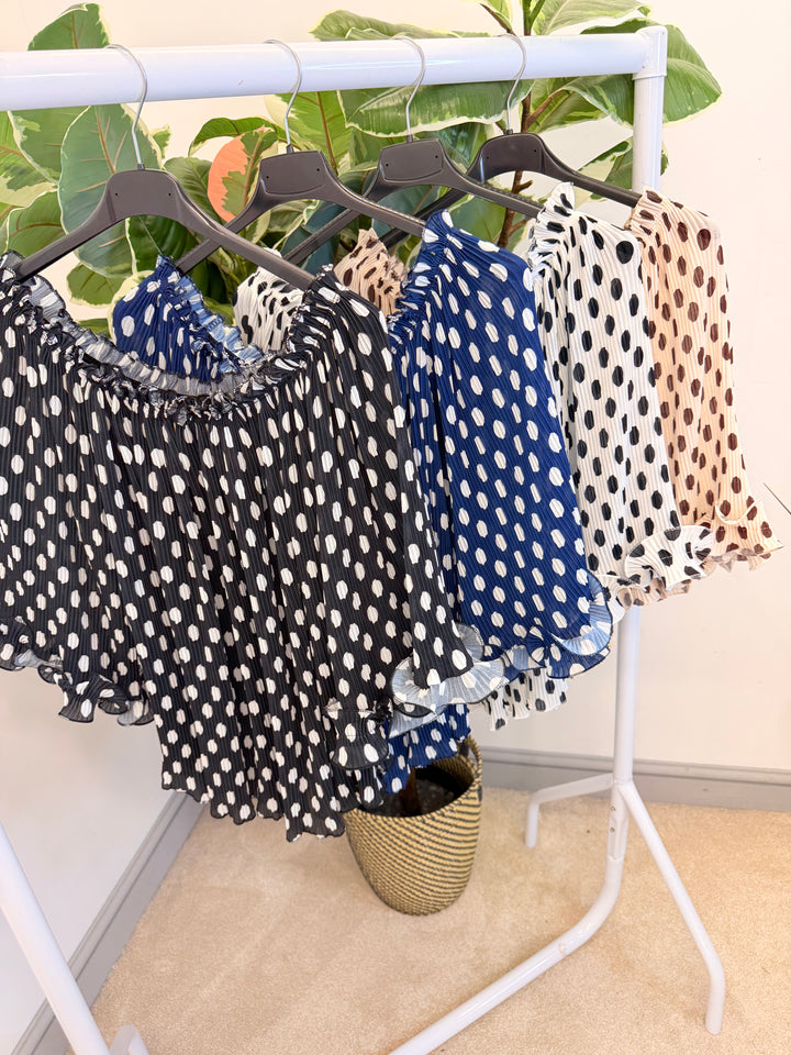Ladies Pleated Polka Dot Bardot Top - White, Black, Navy & Beige
