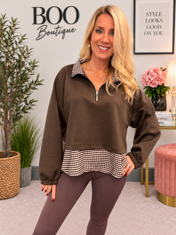 Womens scuba casual check shirt top - Black, Taupe, Beige, Brown, Wine, Navy