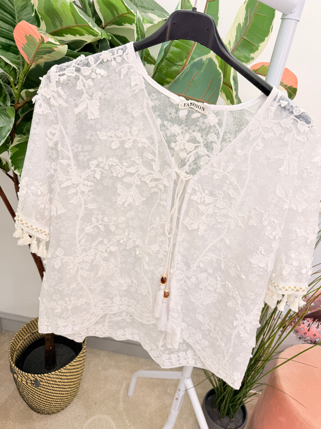 Ladies Fashion Sheer Sparkly Bolero Cardigan - white and Beige