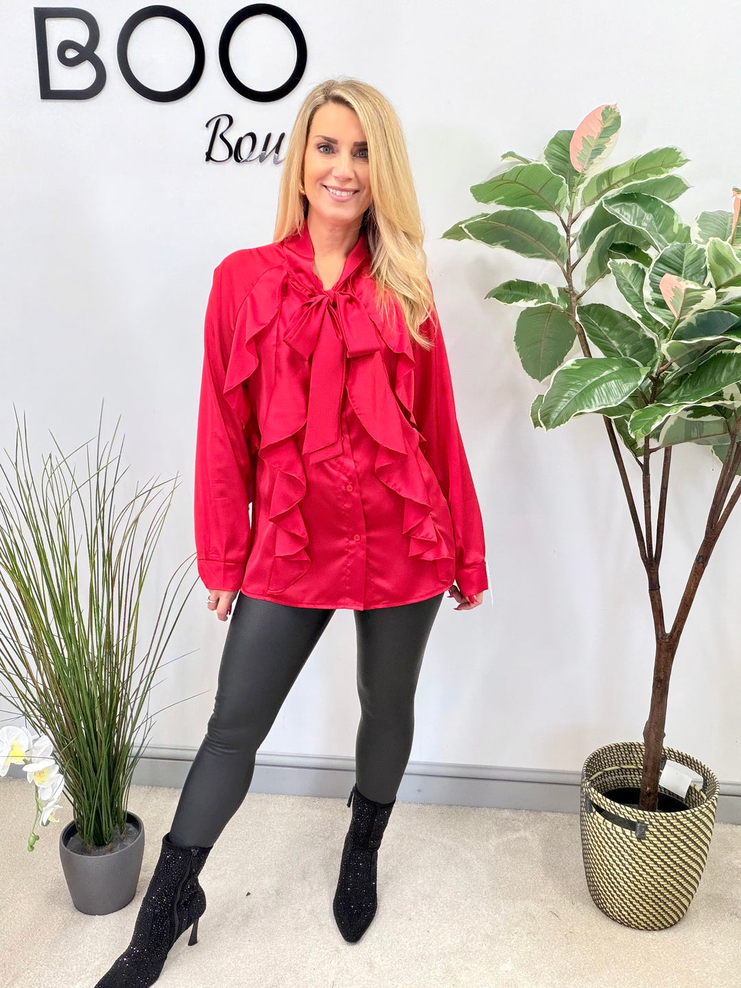 LADIES SATIN FLAMENCO FRILL BLOUSE SHIRT - RED, BLACK, WHITE