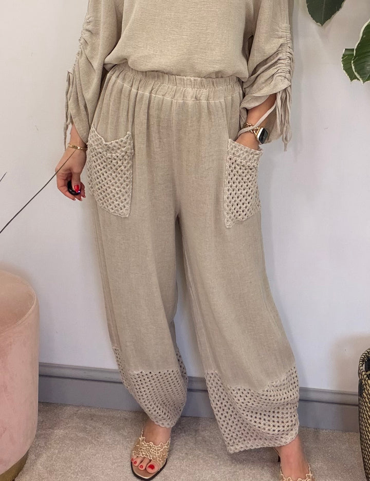 Ladies Crochet Pocket Harem Teabag Linen Trousers light beige