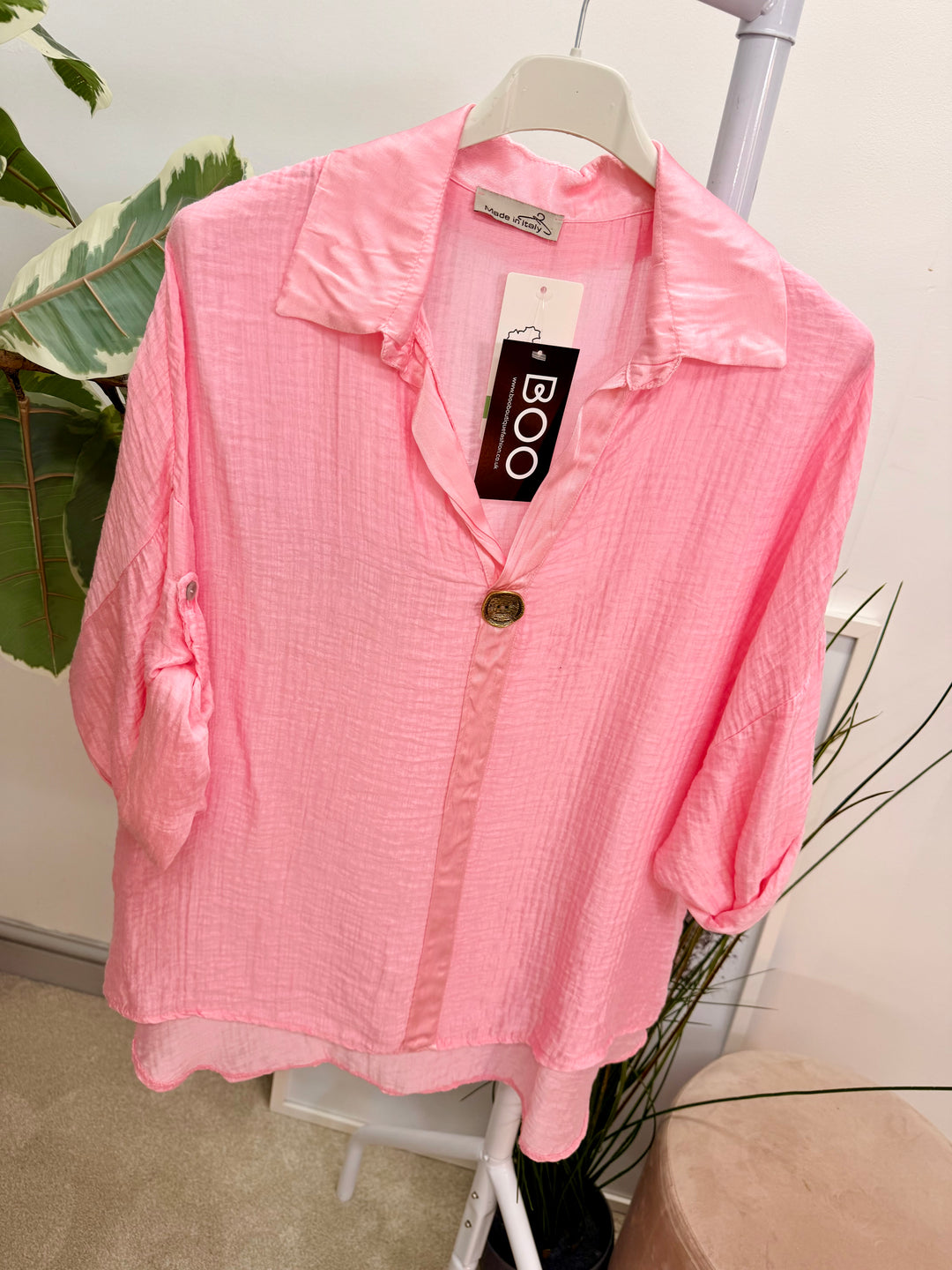 Ladies Fashion Grandad Style Top Blouse - Pink, Lemon, White & Blue
