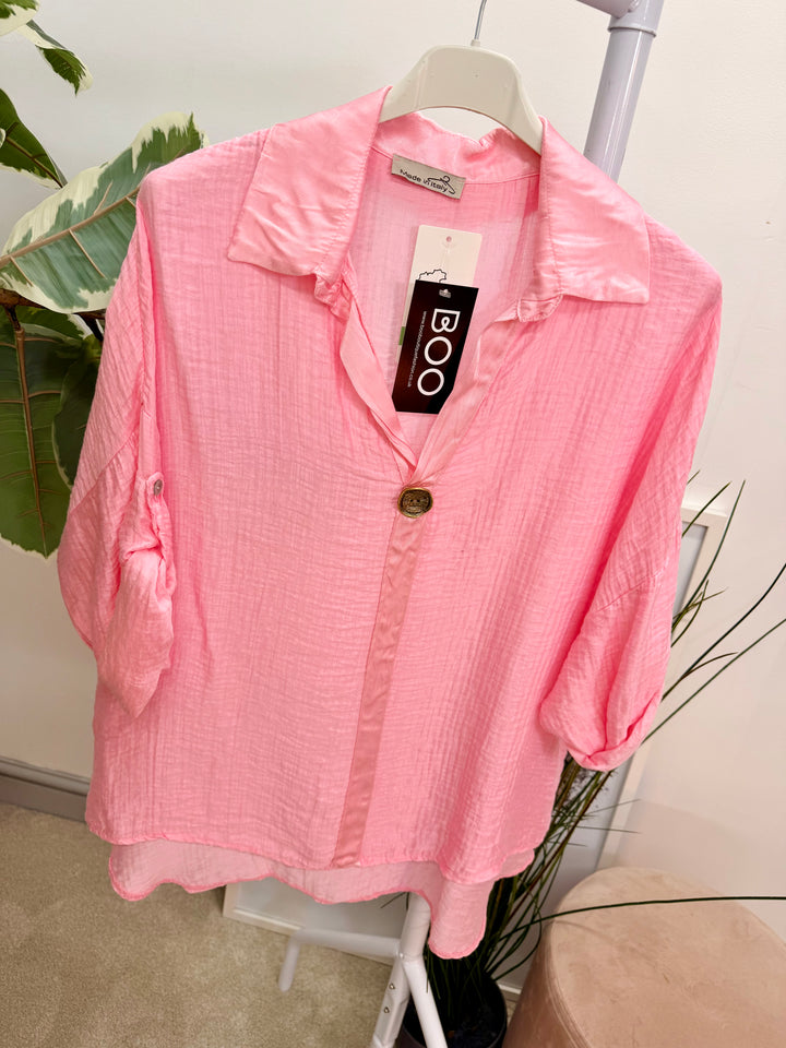 Ladies Fashion Grandad Style Top Blouse - Pink, Lemon, White & Blue