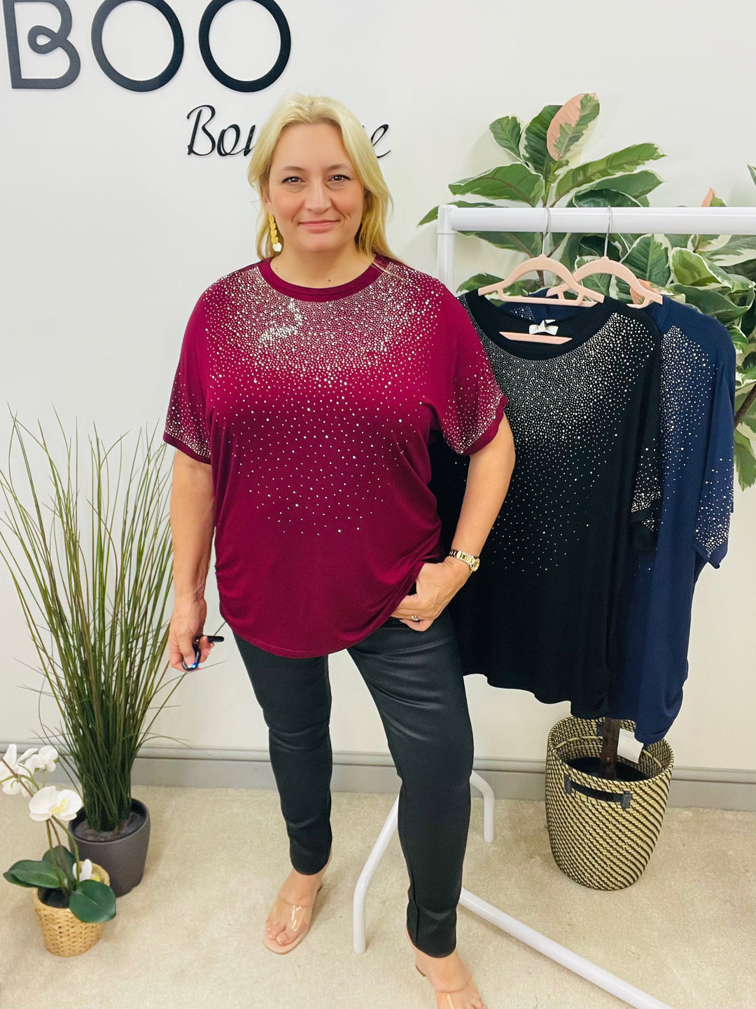 LADIES LOOSE FIT SPARKLY TEE T SHIRT - NAVY, BLACK, BERRY