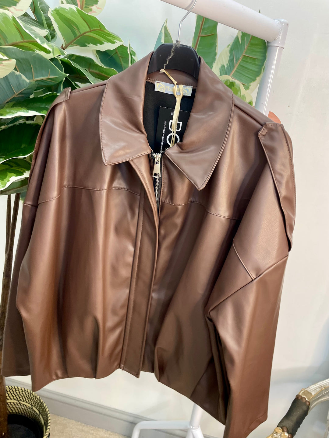 LADIES FASHION FAUX LEATHER BOMBER JACKET - BLACK, BROWN & BEIGE