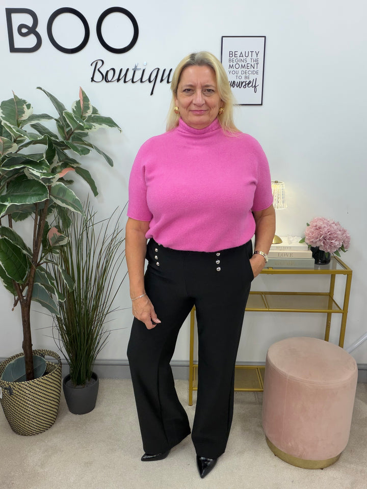 Ladies Fashion High Neck Soft Knit Short Sleeve Jumper fuschia pink