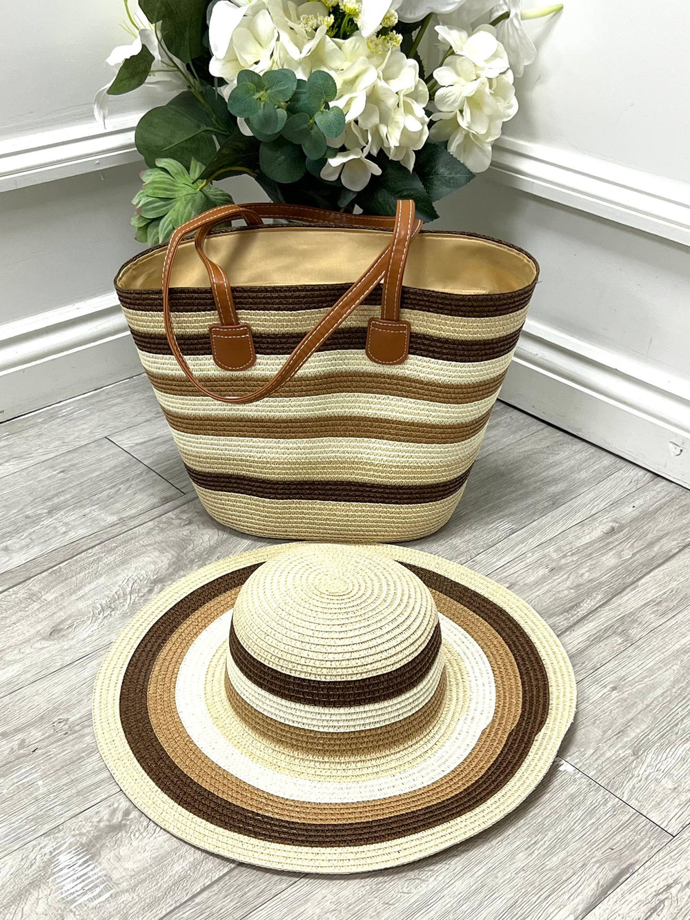 Ladies Fashion Straw Hat and Bag Beach Set brown beige