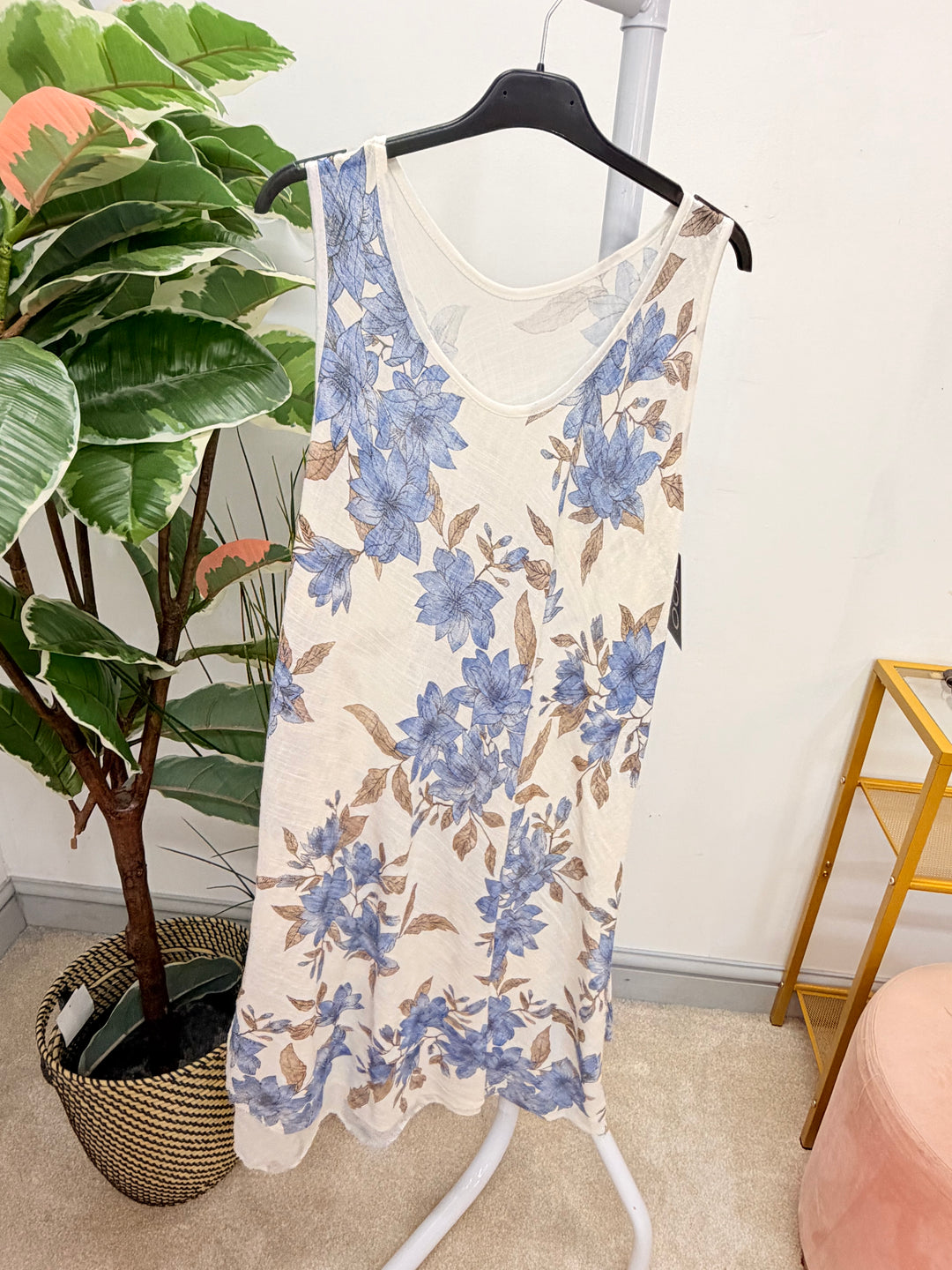 Ladies Flower Print Light Linen Summer Midi Day Dress - Red, Blue, Pink & Khaki