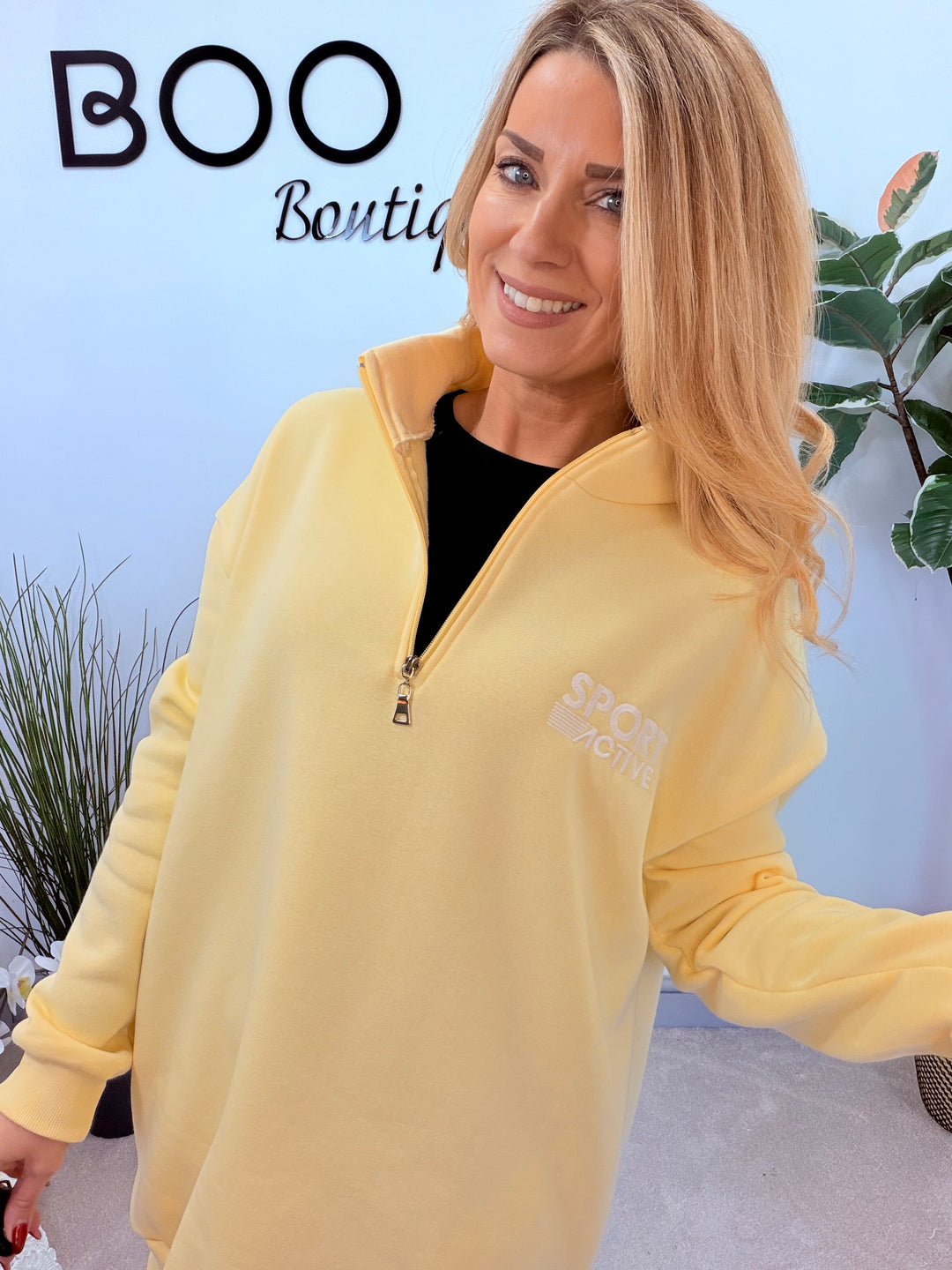 LADIES FLEECE LINED LONG SWEATSHIRT TOP - LEMON, MOCHA & KHAKI