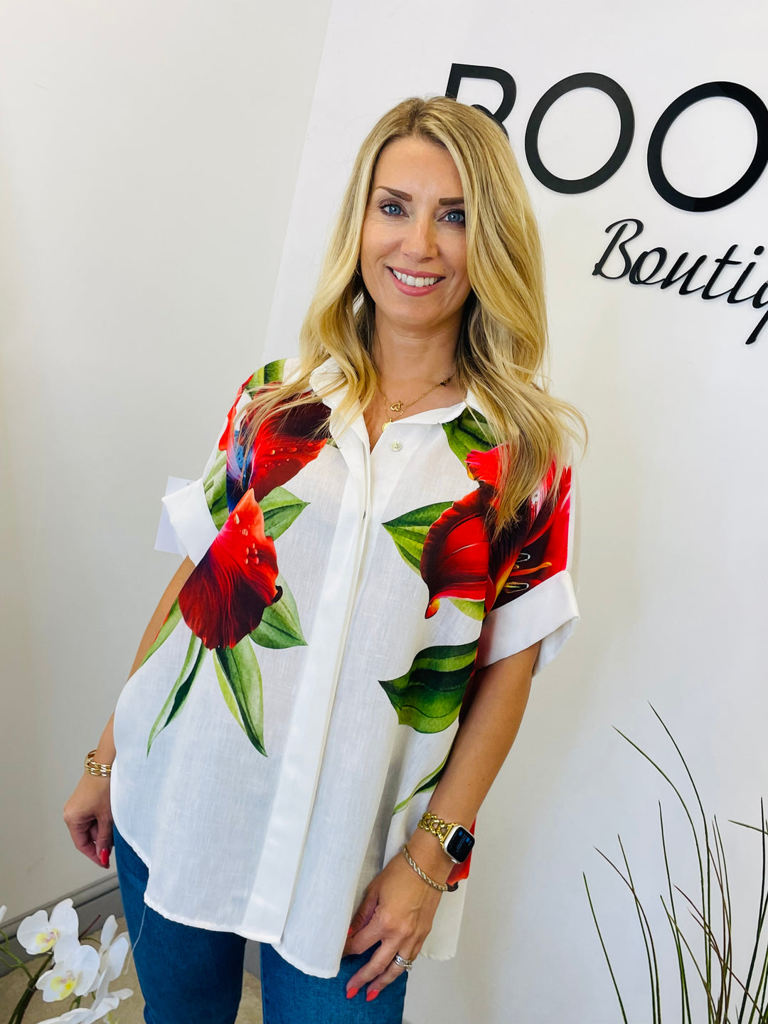 LADIES CREAM LINEN TROPICAL PRINT OVERSIZE SHIRT TOP