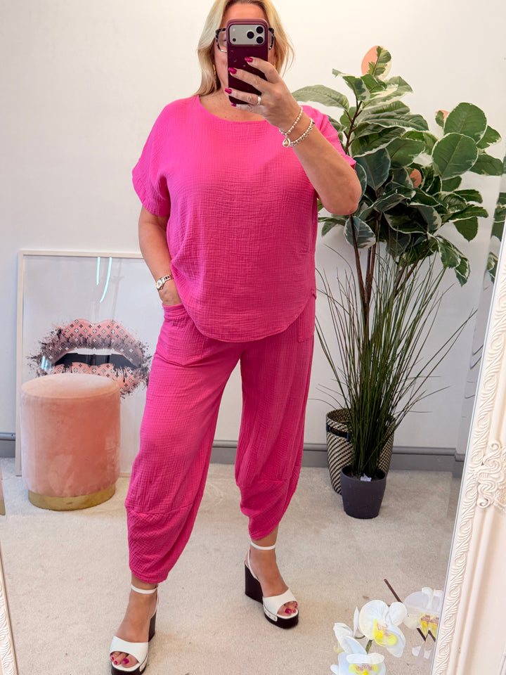 Ladies Cheesecloth Harem Trouser Co Ord - Black, Lemon, Coral, Pink, Blue, Khaki, Beige & Brown