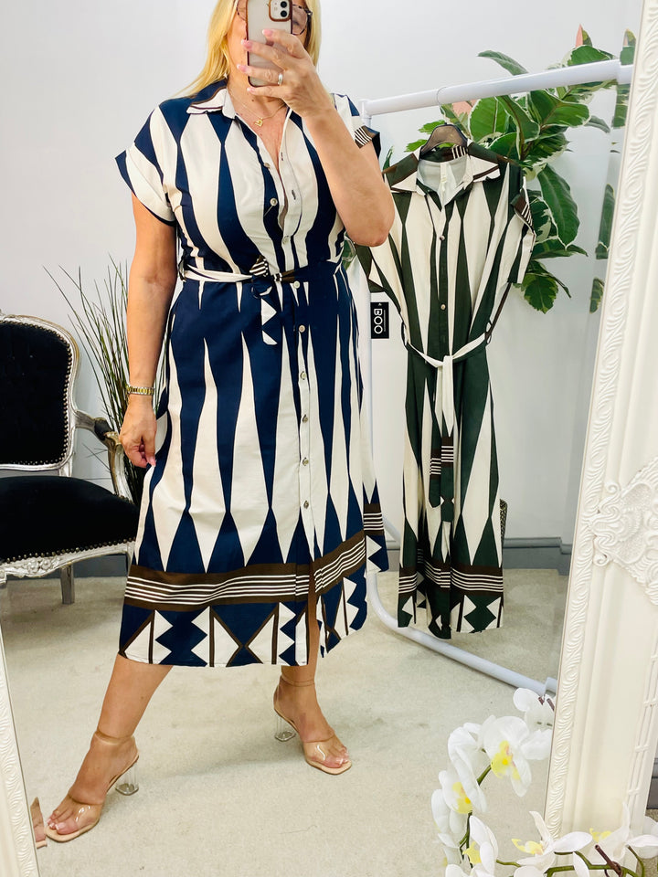 LADIES AZTEC PRINT SUMMER SHIRT SMART DRESS - NAVY & KHAKI