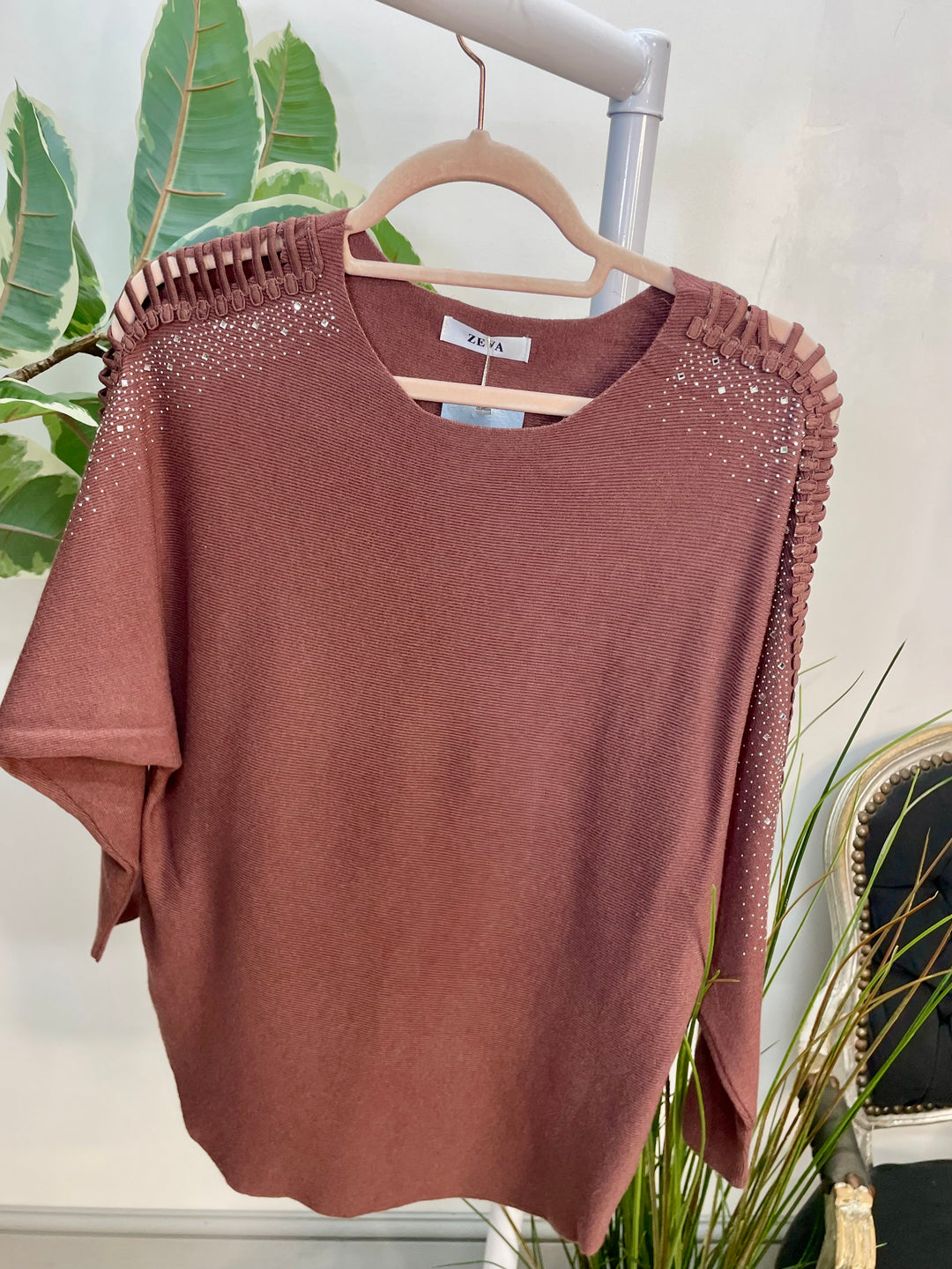 LADIES DIAMANTE BATWING JUMPER CHOCOLATE BROWN