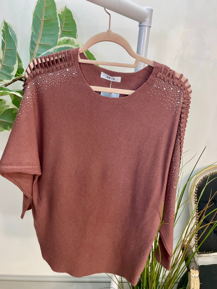LADIES DIAMANTE BATWING JUMPER CHOCOLATE BROWN
