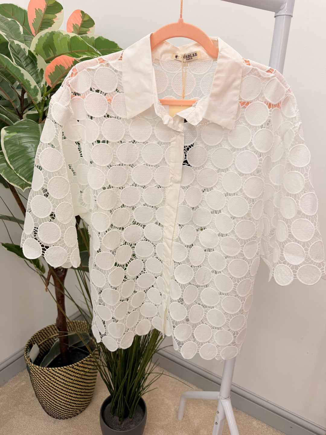 Ladies White Disc Crochet Shirt Top