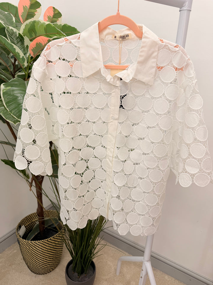 Ladies White Disc Crochet Shirt Top