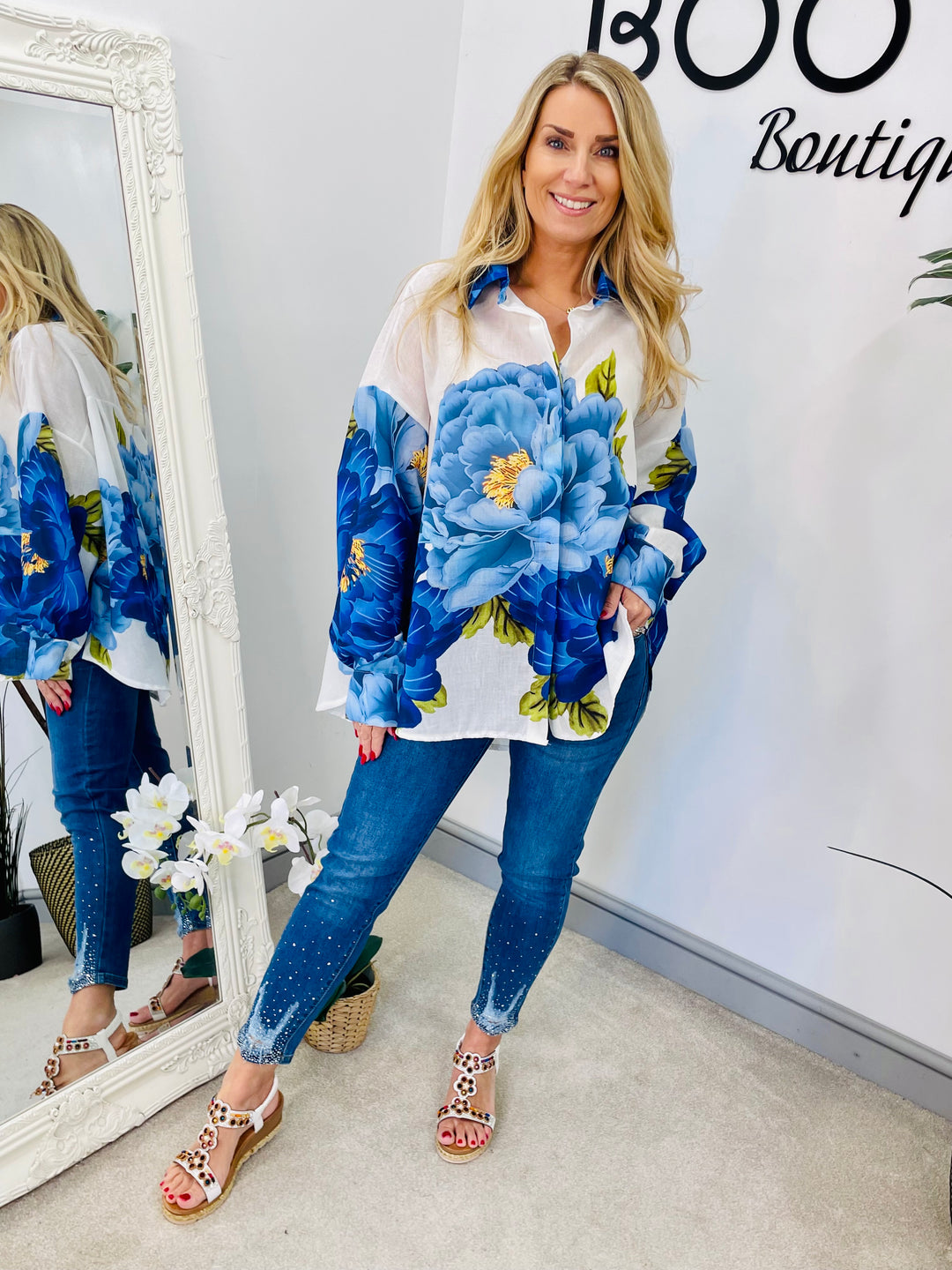 LADIES WOMENS BLUE FLOWER OVERSIZE LINEN SUMMER TOP