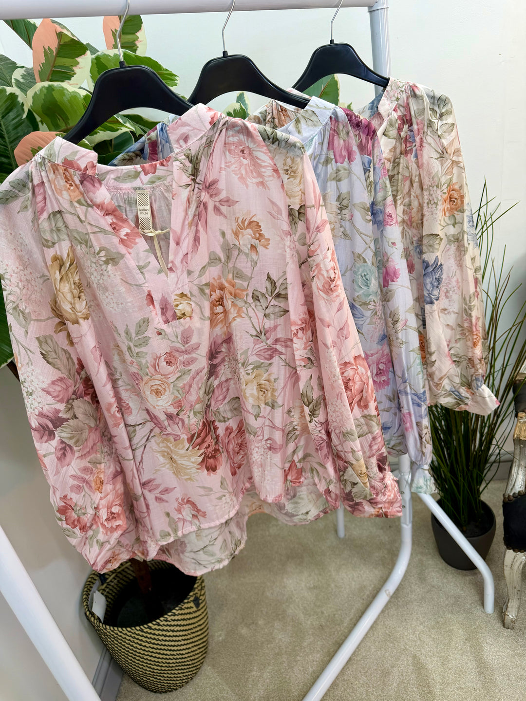 Ladies Fashion Pretty Floral Print Blouse - Pink, White & Blue