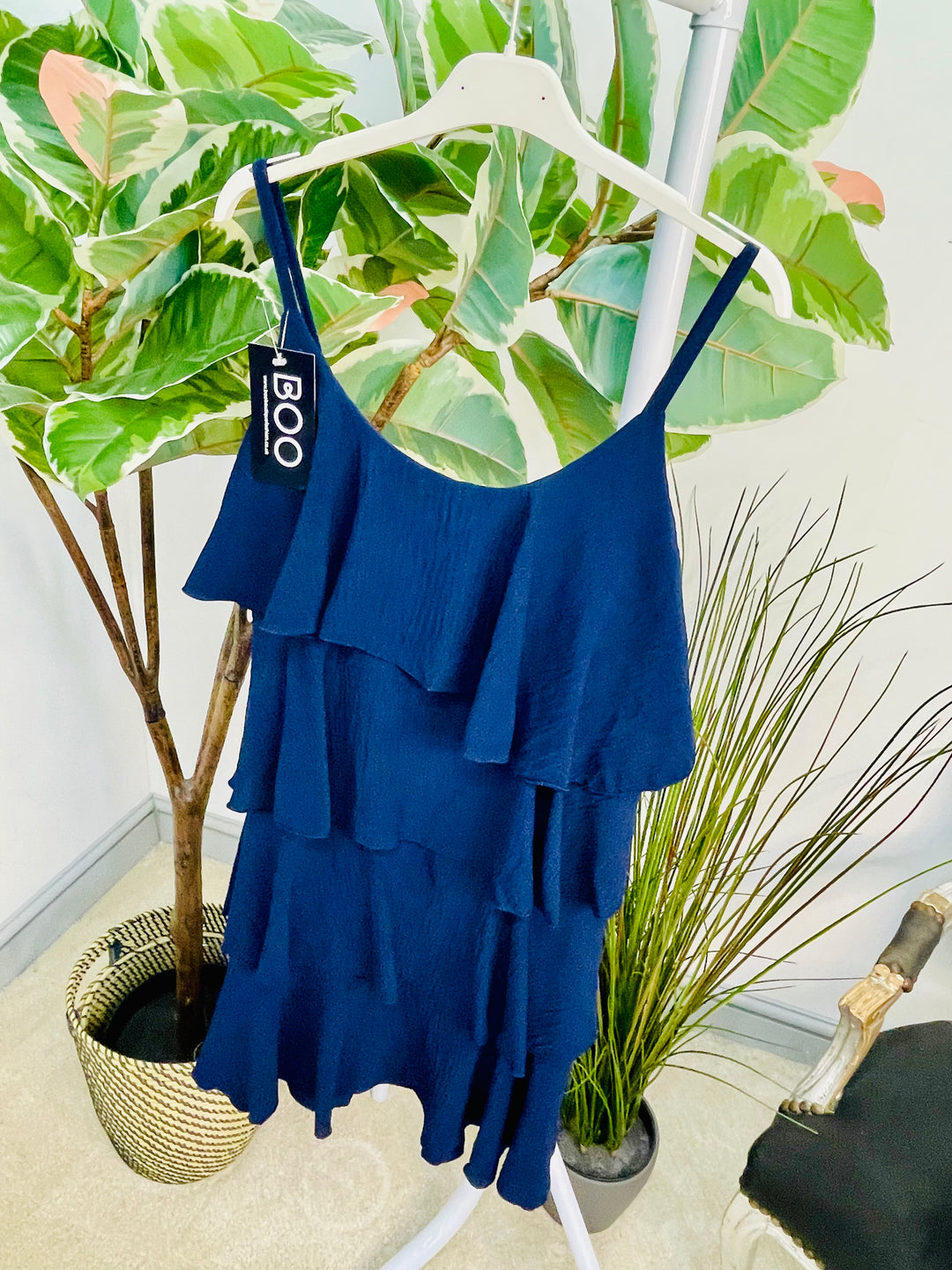 LADIES FRILL SUMMER STRAPPY SUN DRESS - NAVY, WHITE, ROYAL BLUE & BROWN