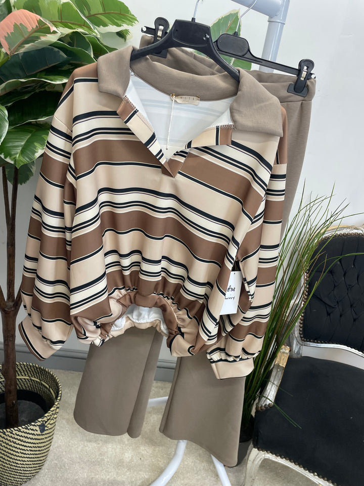 LADIES RUGBY TOP STRAIGHT LEG CO ORD SET - PLUM, MOCHA, BROWN