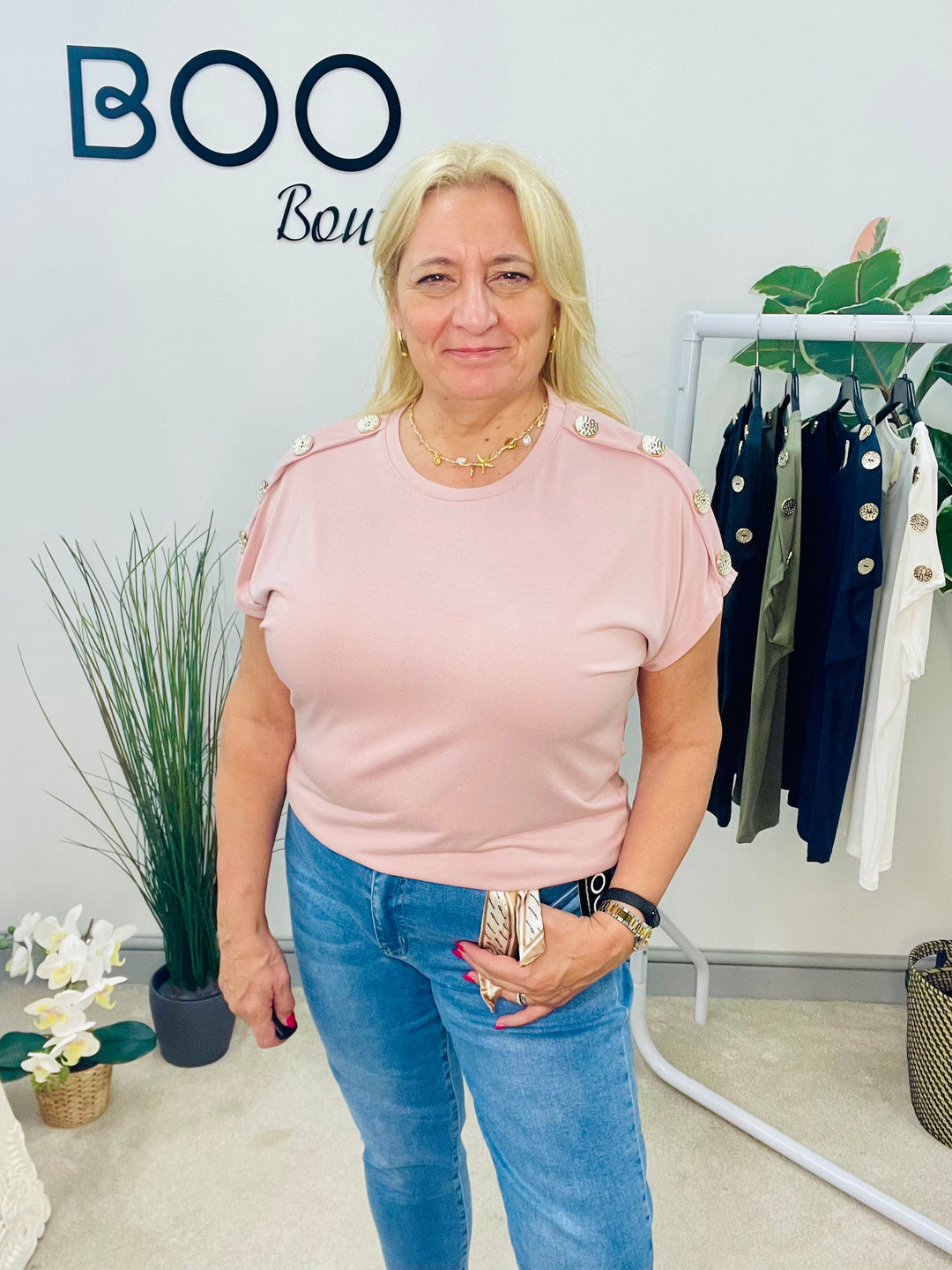 LADIES CASUAL STRETCH GOLD BUTTON T SHIRT - PINK, NAVY, WHITE, BLACK, KHAKI