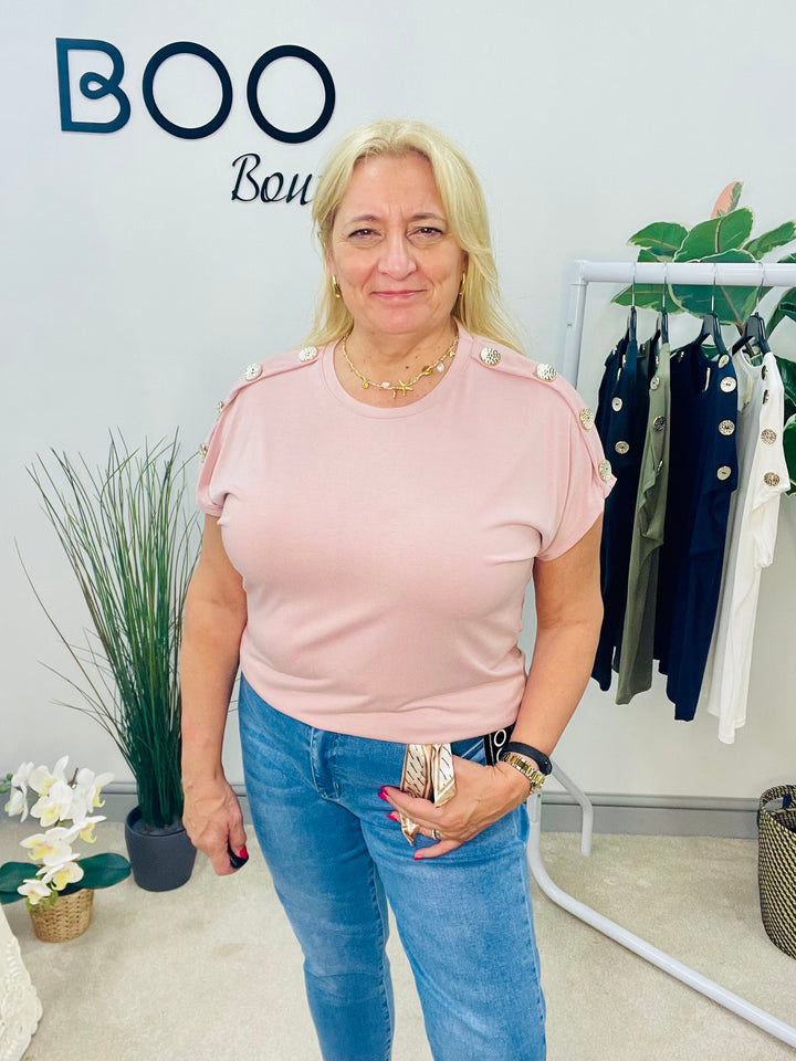 LADIES CASUAL STRETCH GOLD BUTTON T SHIRT - PINK, NAVY, WHITE, BLACK, KHAKI