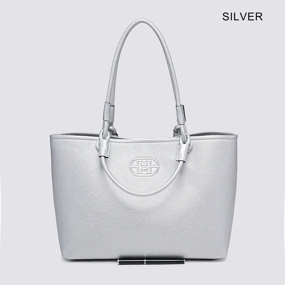 LADIES FASHION TOTE BAG - WHITE, BLACK & SILVER