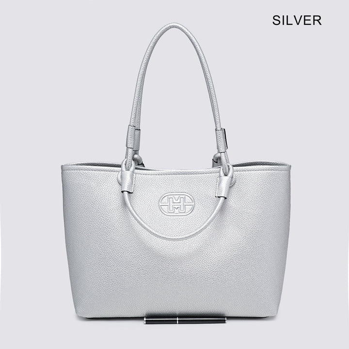 LADIES FASHION TOTE BAG - WHITE, BLACK & SILVER