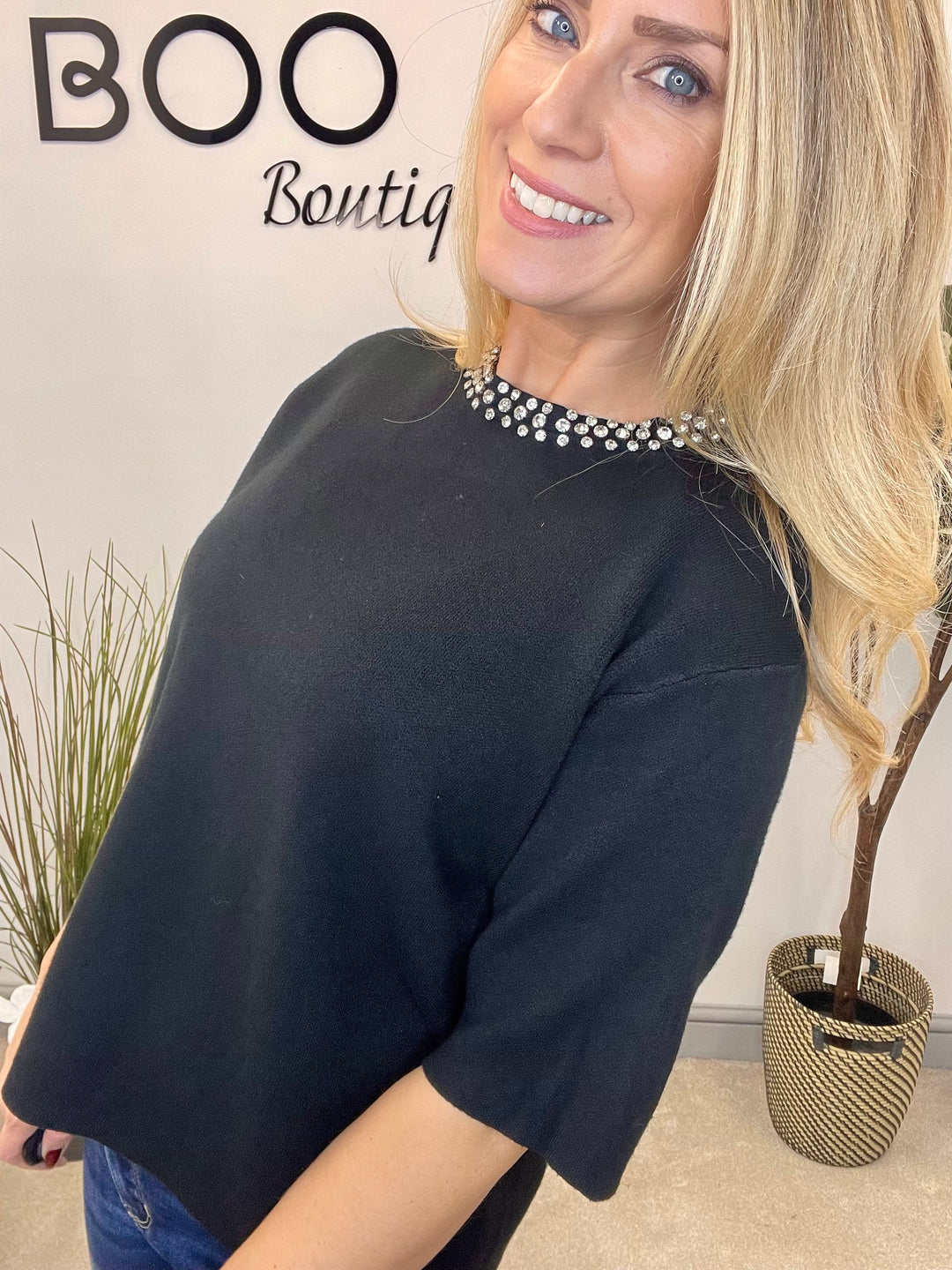 LADIES DIAMANTE NECK JUMPER - BLACK & CREAM