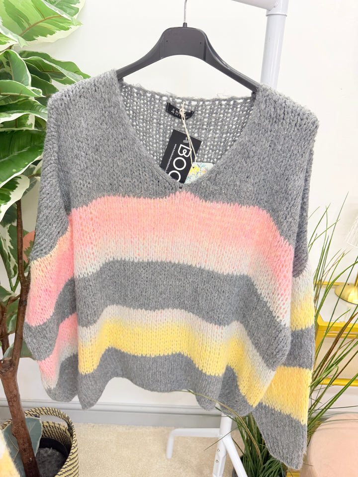 Ladies Fashion Stripe Slouch Chunky Knit Jumper - Mocha, Grey & Beige
