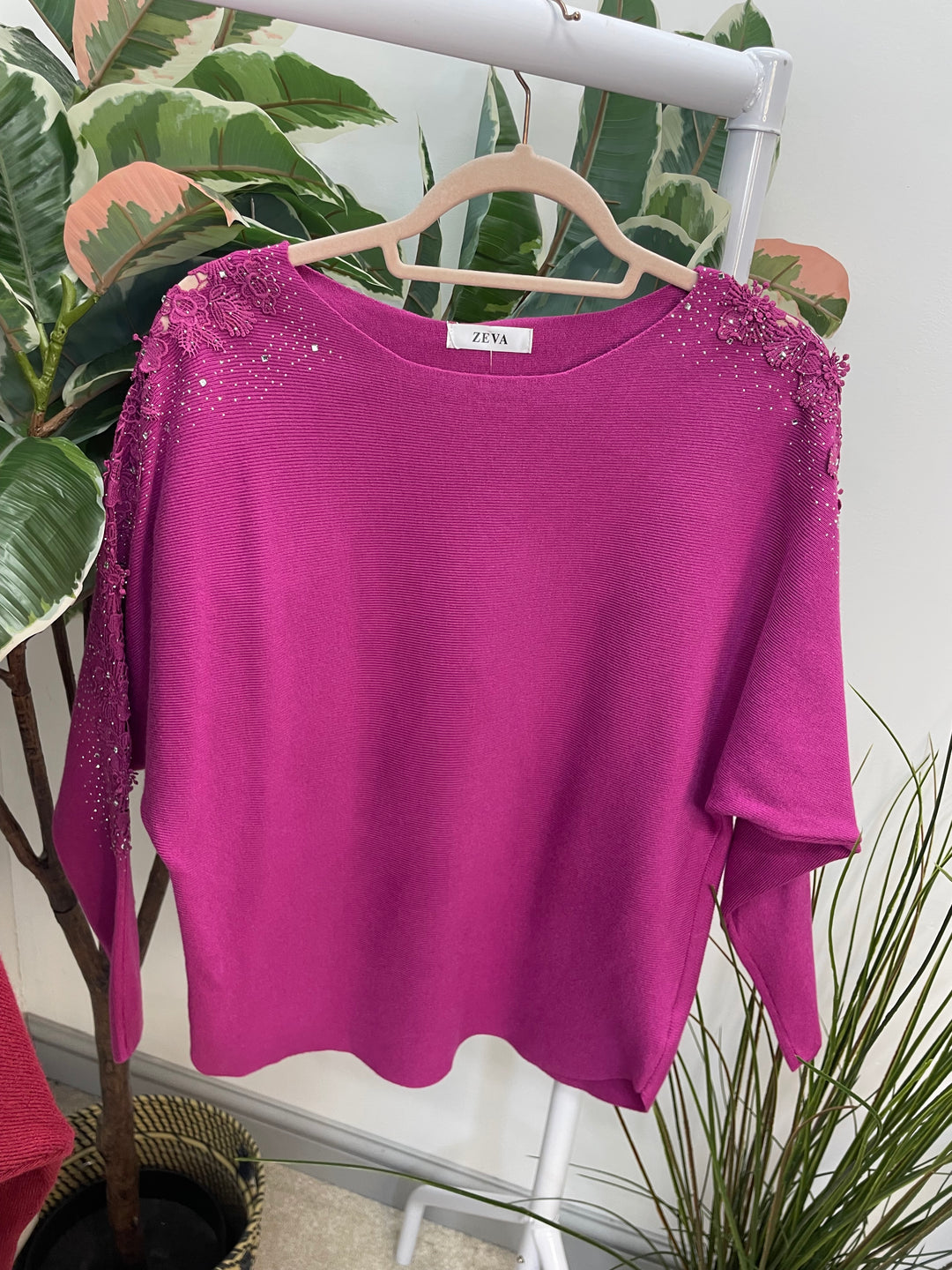 LADIES DIAMANTE SLEEVE BATWING JUMPER MAUVE