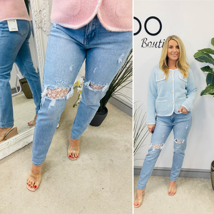 LADIES FASHION LIGHT BLUE DISTRESSED LACE JEANS