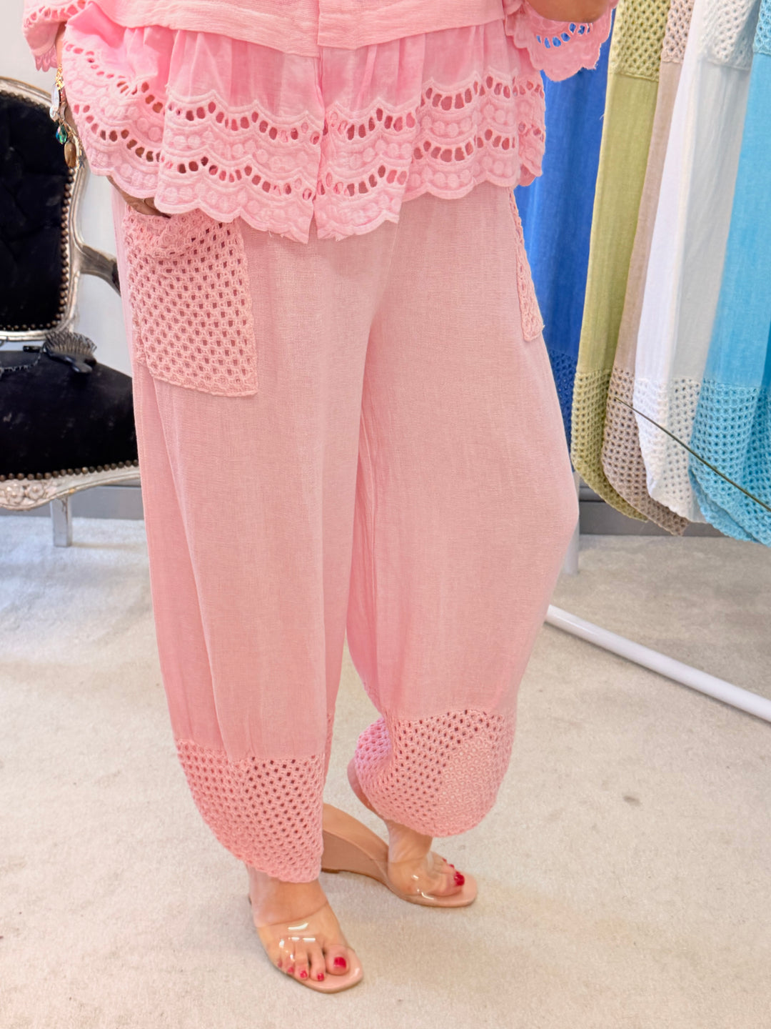 Ladies Crochet Pocket Harem Teabag Linen Trousers candy pink