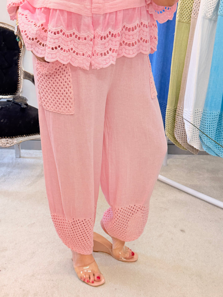 Ladies Crochet Pocket Harem Teabag Linen Trousers candy pink