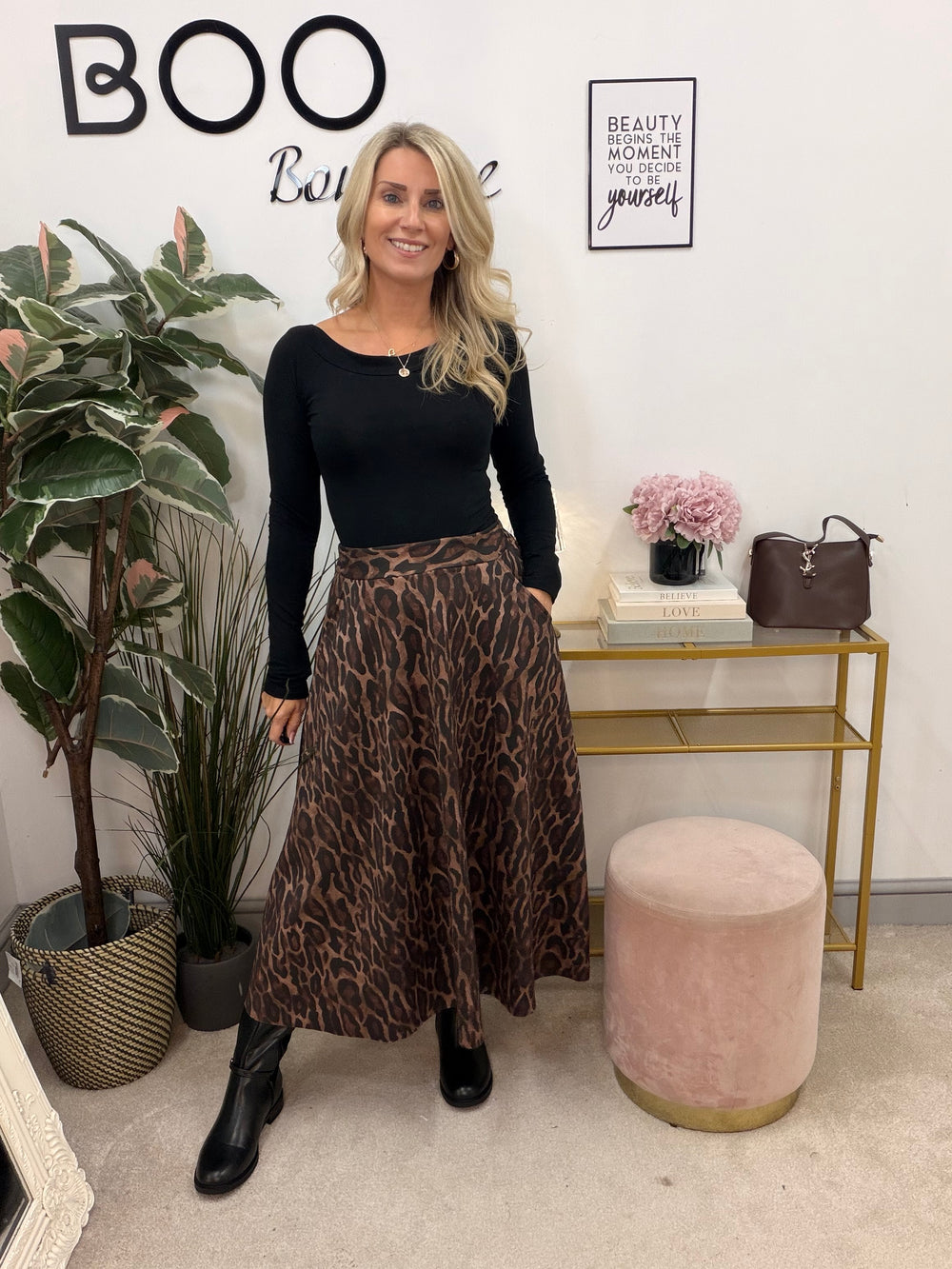 Ladies Fashion Animal Print Faux Suede A Line Skirt