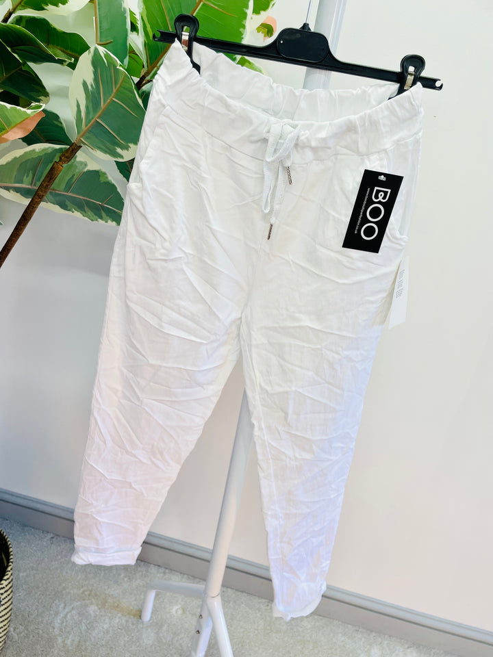LADIES WOMENS WHITE CRINKLE STRETCH CASUAL MAGIC TROUSERS