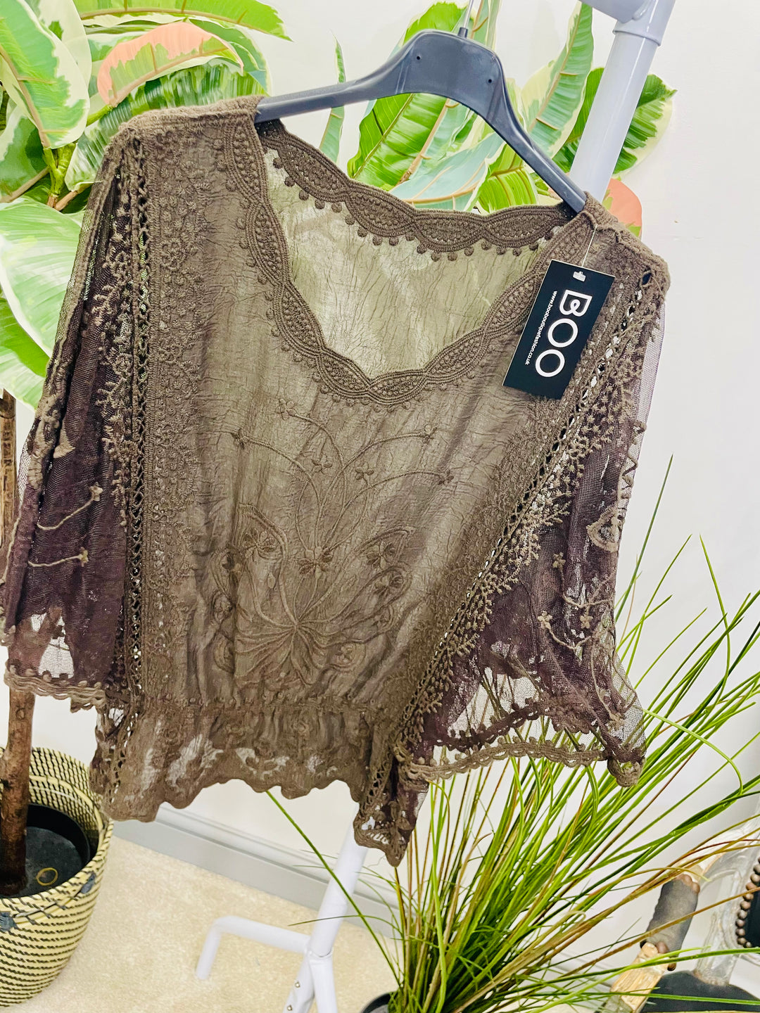 LADIES PRETTY LACY SUMMER BOHO TOP - WHITE, BEIGE & BROWN