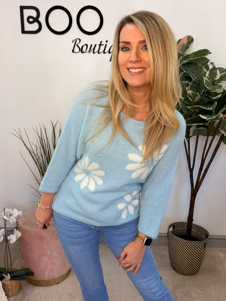 Ladies Fashion Daisy Short Sleeve Jumper - lemon, blue, white & pink