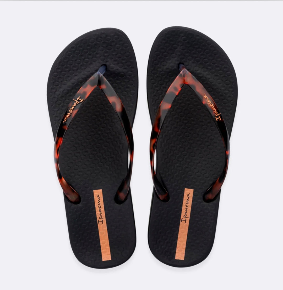 Ladies Tortoiseshell IPANEMA Flip Flop Sandals - Black & Camel