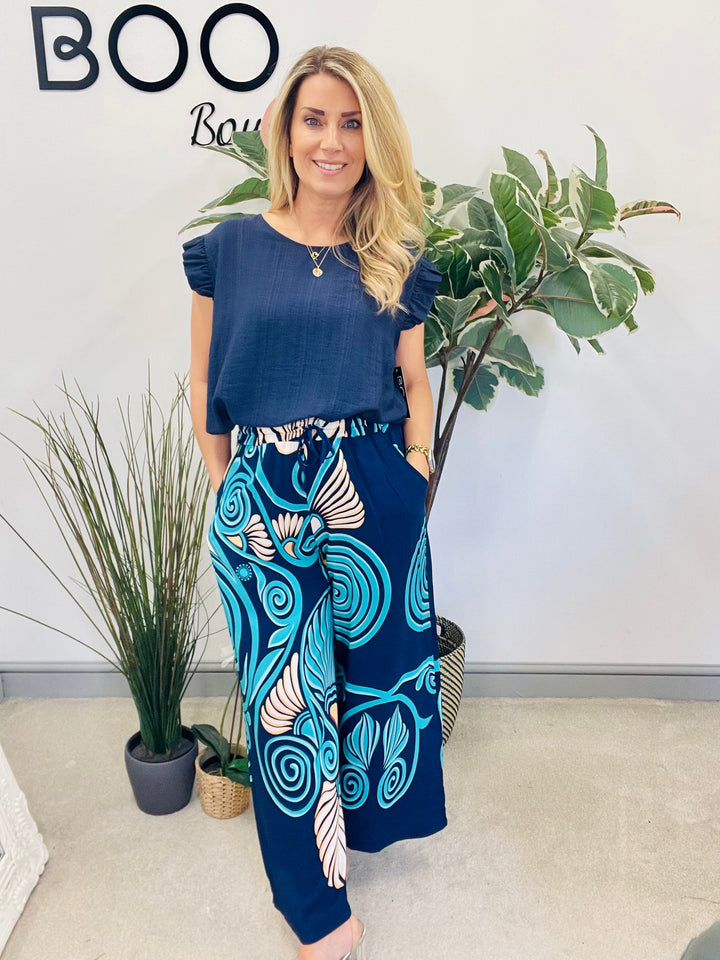 LADIES WOMENS NAVY WIDE LEG PALAZZO PANTS TROUSERS 