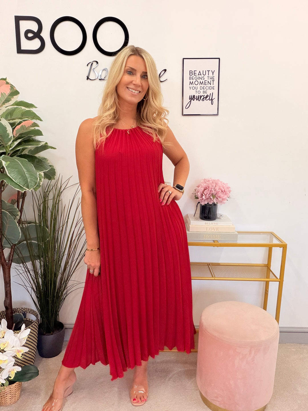 Ladies Chiffon Pleated Summer Maxi Dress - Red, Pink, Navy & White