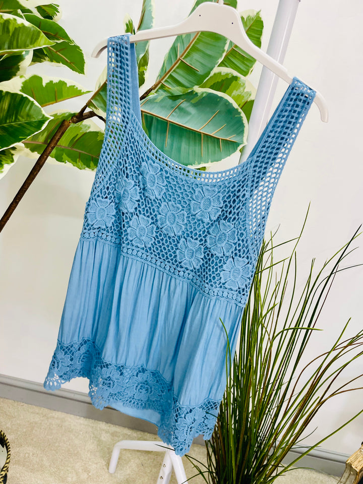 LADIES CROCHET & LACE SUMMER CAMI TOP - WHITE, LEMON, BLUE, PINK, KHAKI, BLACK